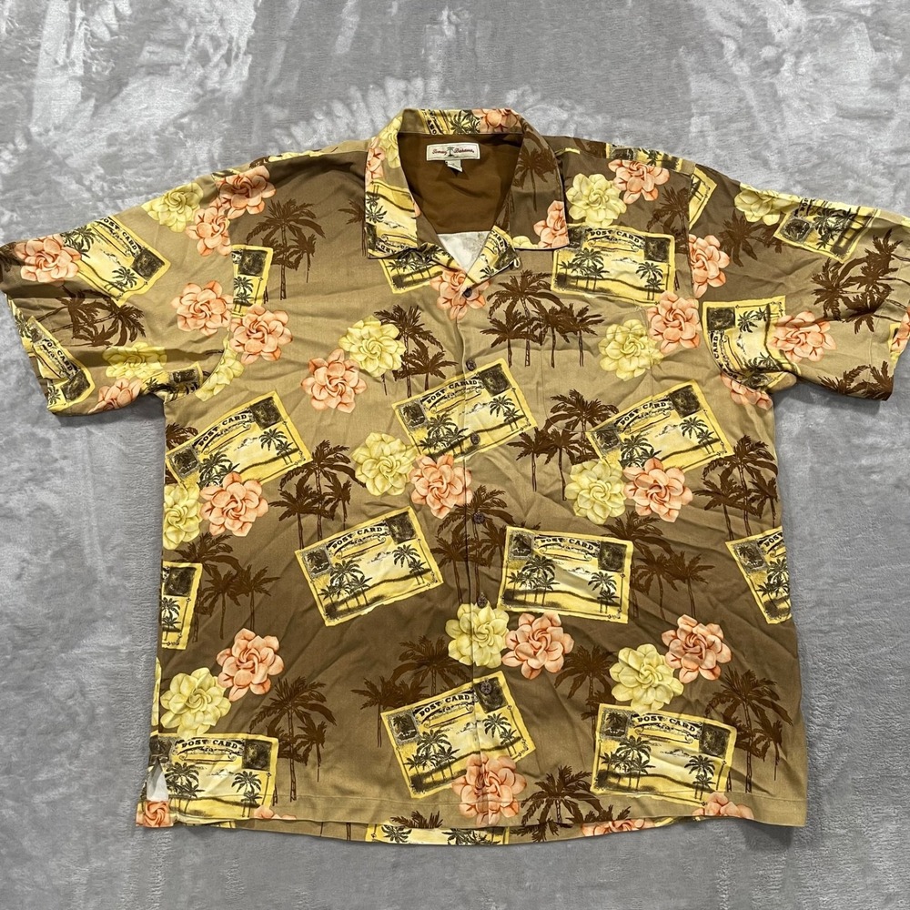 Tommy Bahama Shirt Mens XXL Brown Silk Graphic Floral Post Card Camp Beach